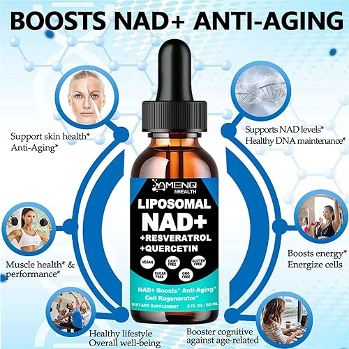 Miniatura 3 de Paquete de 2 suplementos NAD, liposomal NAD nicotinamida ribósido resveratrol 900 mg Quercetion, TMG, vitamina B3, suplemento líquido NAD+ de alta