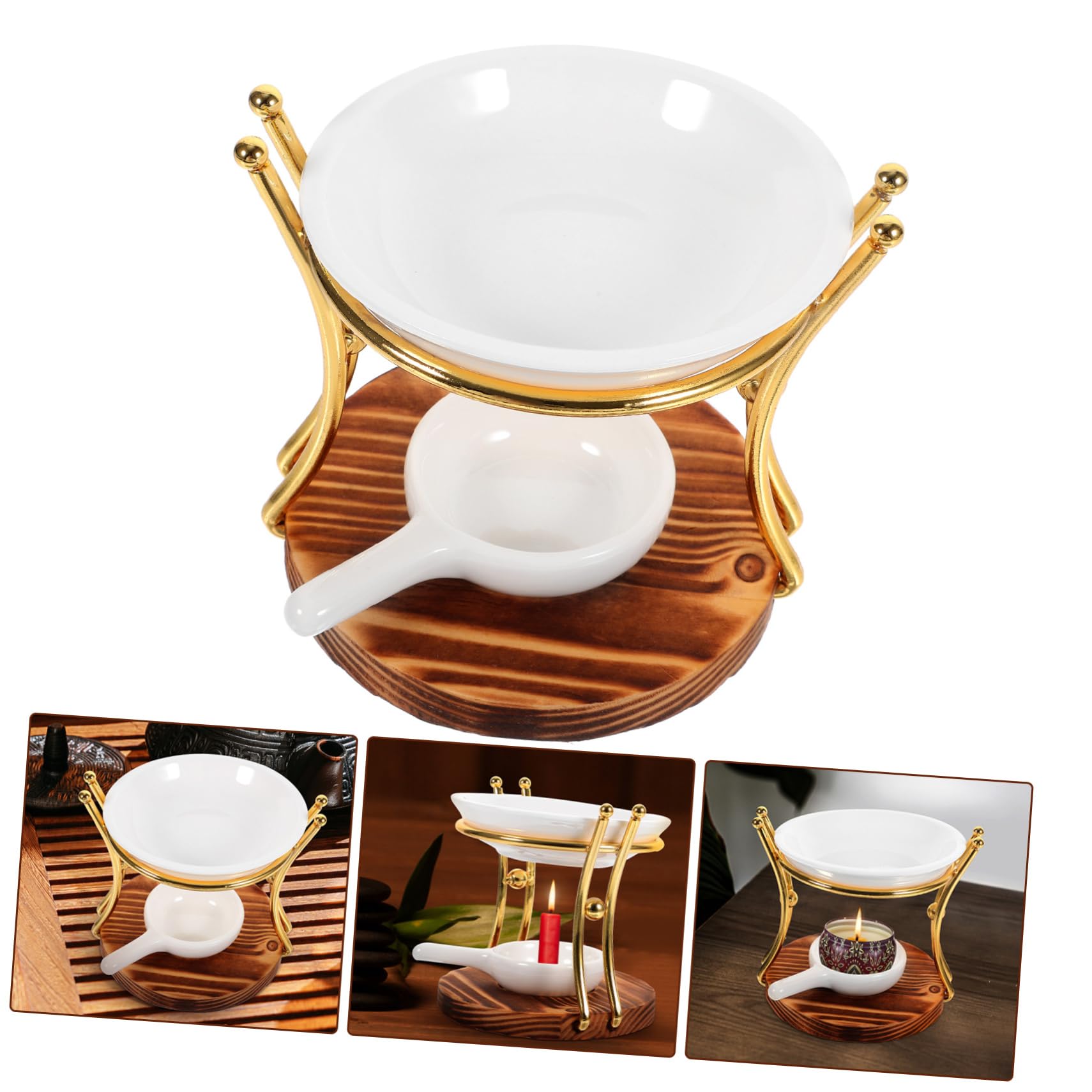 Quemador de Velas de Cerámica para Té con Base de Madera y Hierro, Quemador de Cera y Aceites Esenciales para Aromaterapia Hogar