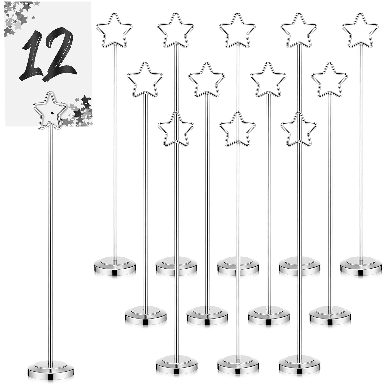 Kosiz 12 soportes para números de mesa de 12 pulgadas, soportes para fotos, soportes para fotos, fotos, menú, notas, restaurante, fiesta de cumpleaños (plata, estrella)