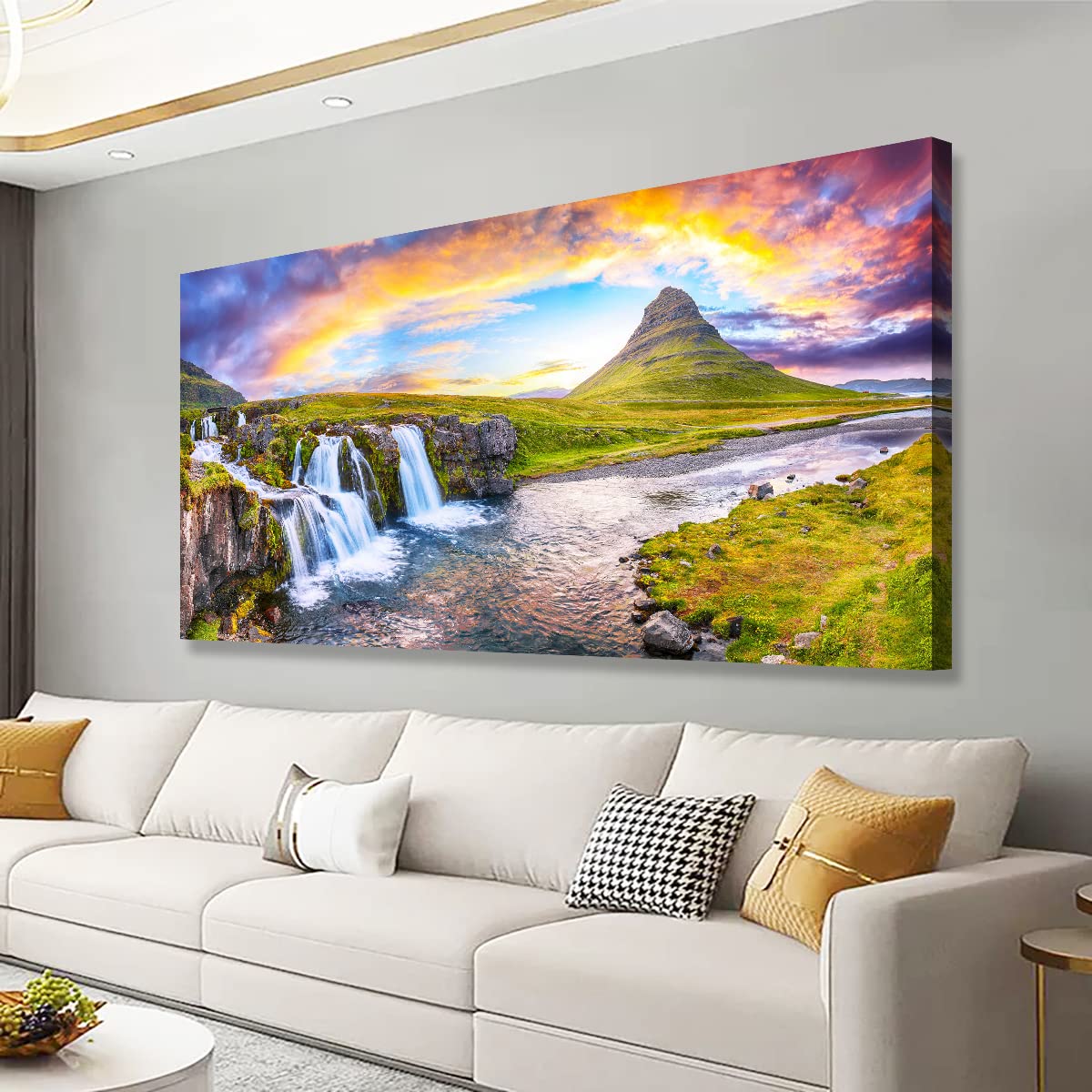 Waterfall Hill Pictures Canvas Wall Art For Living Room Bedroom Wall Decor,Hill Wall Art Print Paitnings for Home Decor,Morden Artwork Cloud Rainbow Canvas Art Waterproof Ready to Hang-20X40Inches