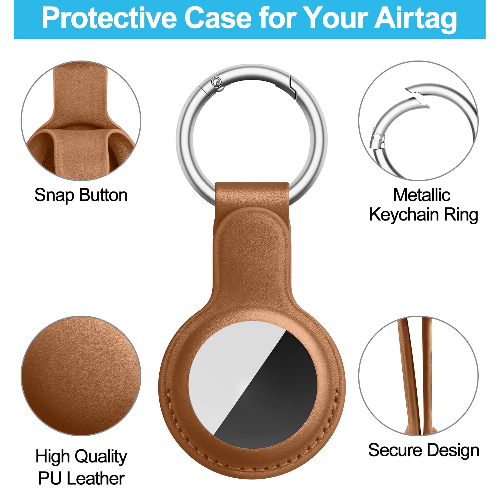 Meliya Funda para AirTag Llavero,1 Pieza Llaveros AirTag Funda Protectora de Cuero Funda Anti-Perdida Anti-Rasguños para AirTag(No Incluye AirTags)(Marrón) — view 5