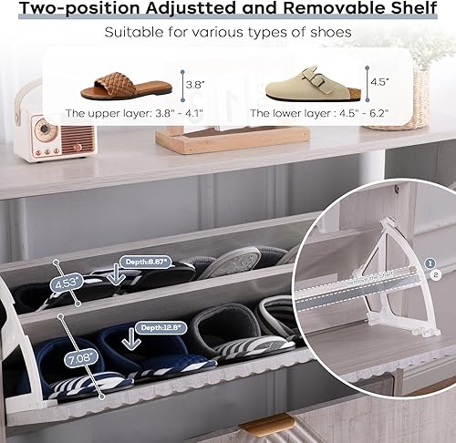 Miniatura 4 de Gabinete de zapatos con 2 cajones abatibles, armario de almacenamiento oculto de 31.5 pulgadas con panel estriado, organizador de zapatos