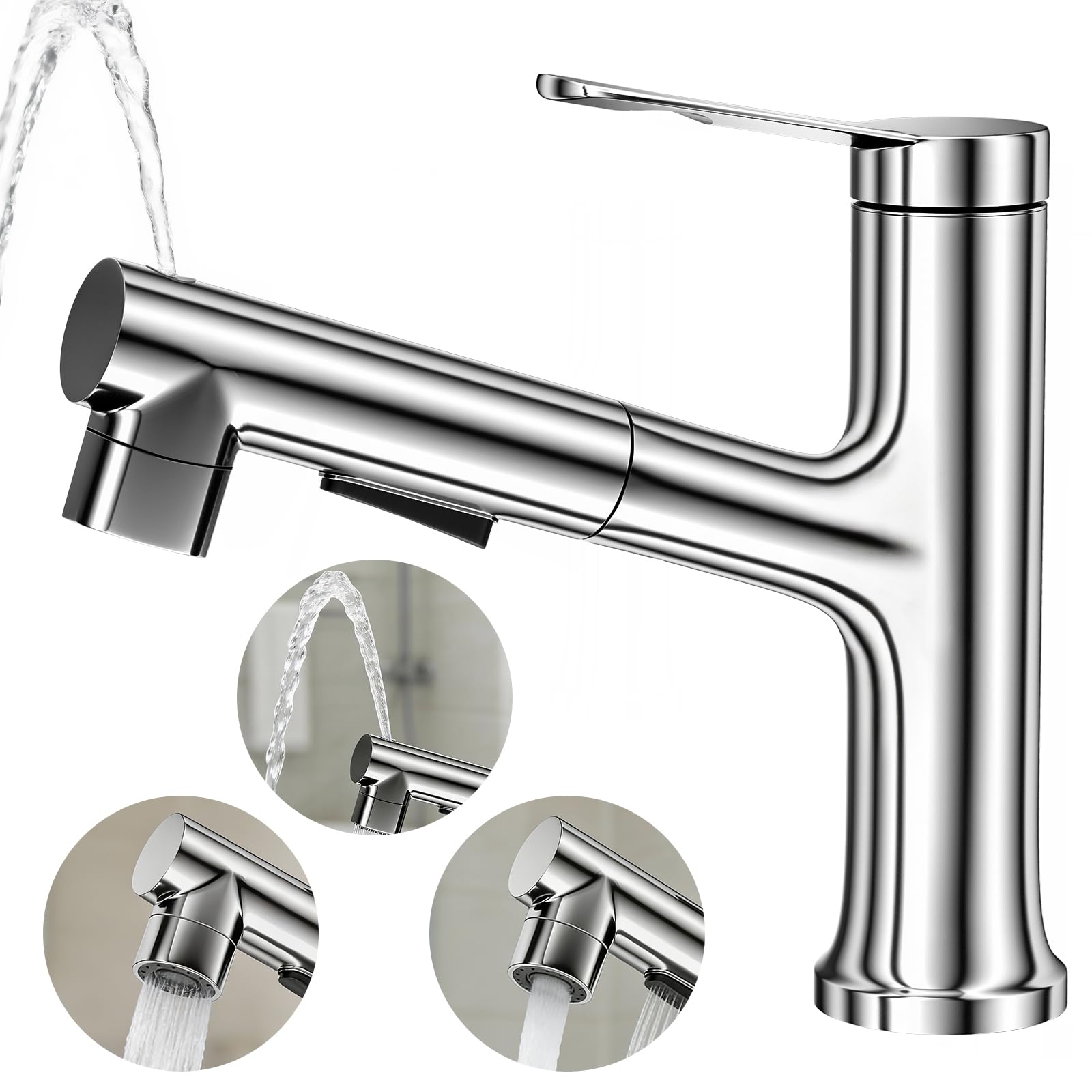 Robinet Salle Bain, Mitigeur Lavabo Anti-Rouille Avec Douchette Extractible 60 Cm, Robinet Lavabo Haut Laiton En 3-En-1, Mitigeur Salle De Bain Cuisine Évier, Accessoires Inclus, Chrome