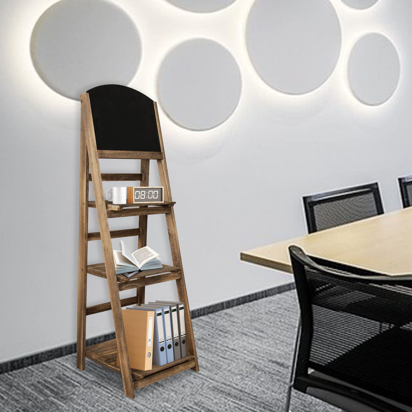 ECOMEX 3-Tier Ladder Shelf with Chalkboard, Ladder Bookshelf Foldable Ladder Shelves, Rustic Wood Ladder Shelf Storage Rack Bookcase, Plant Display Shelf for Room Office Bedroom, Brown 13.8"D x 16.3"W x 44.1"H