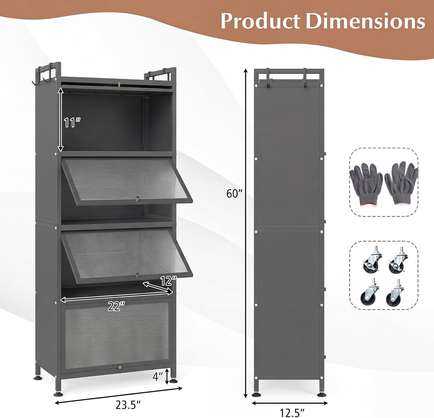 Giantex 5-Tier Kitchen Storage Cabinet, Mobile Microwave Stand with Flip-up PC Doors, Freestanding Kitchen Bakers Rack with 4 Rolling Casters, for Dining Room, Living Room and Study, Grey