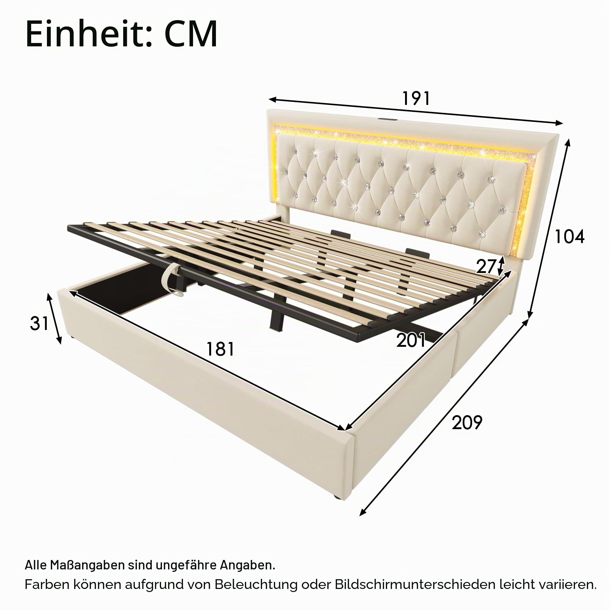 Doppelbett 180x200 mit Hydraulisch Stauraum, USB & Type-C, Beige
