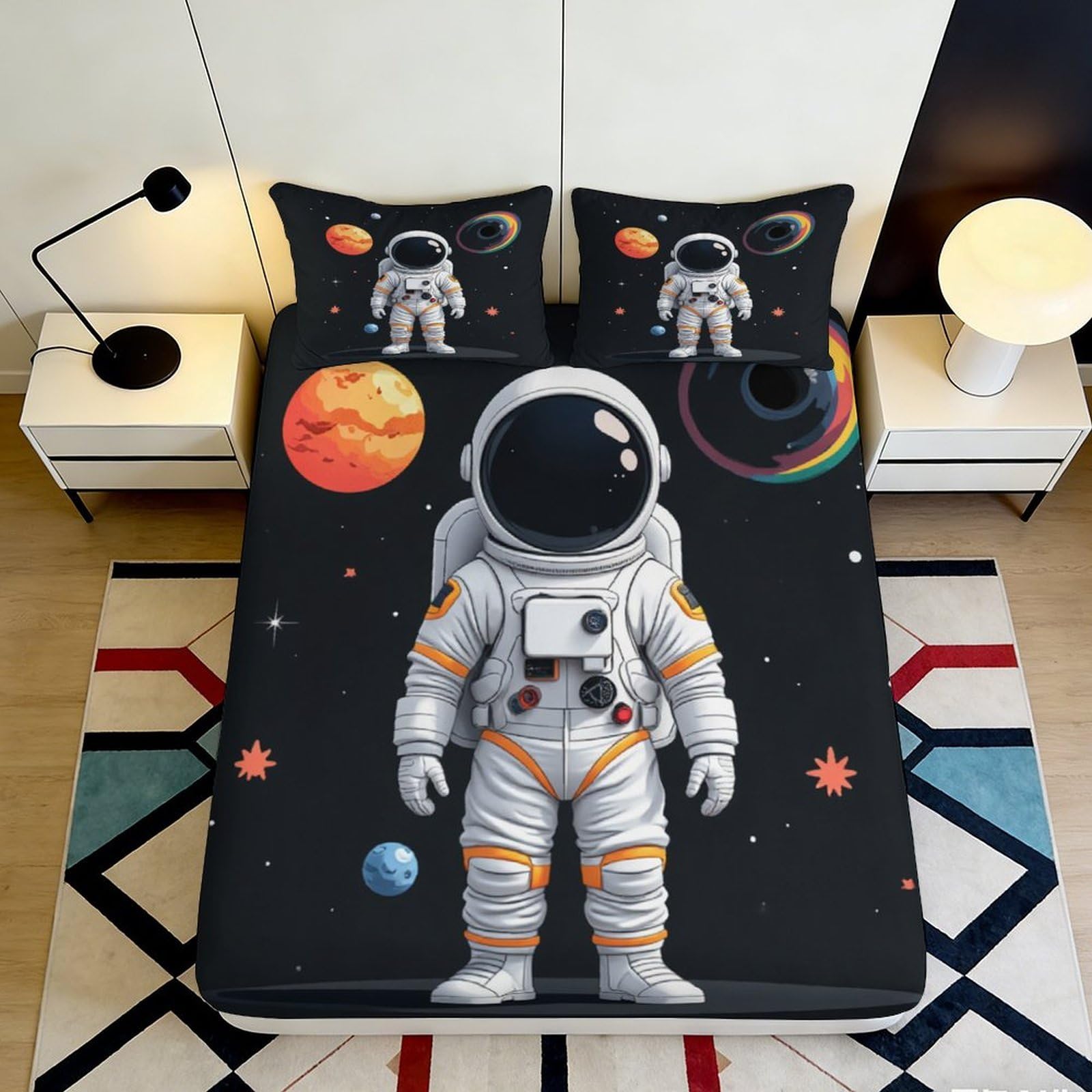 3D Printed Astronaut Galaxy Fitted Sheet Microfiber Soft Black Space Planet Mattress Cover for Bedroom Dorm Decor 180x200x25cm