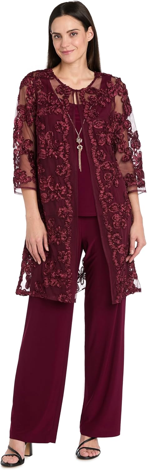 R&M Richards Women's 3-Piece Soutache Ribbon Duster Pantsuit W/Embroidered Jacket, Tank Top W/Necklace & Straight Leg Pants