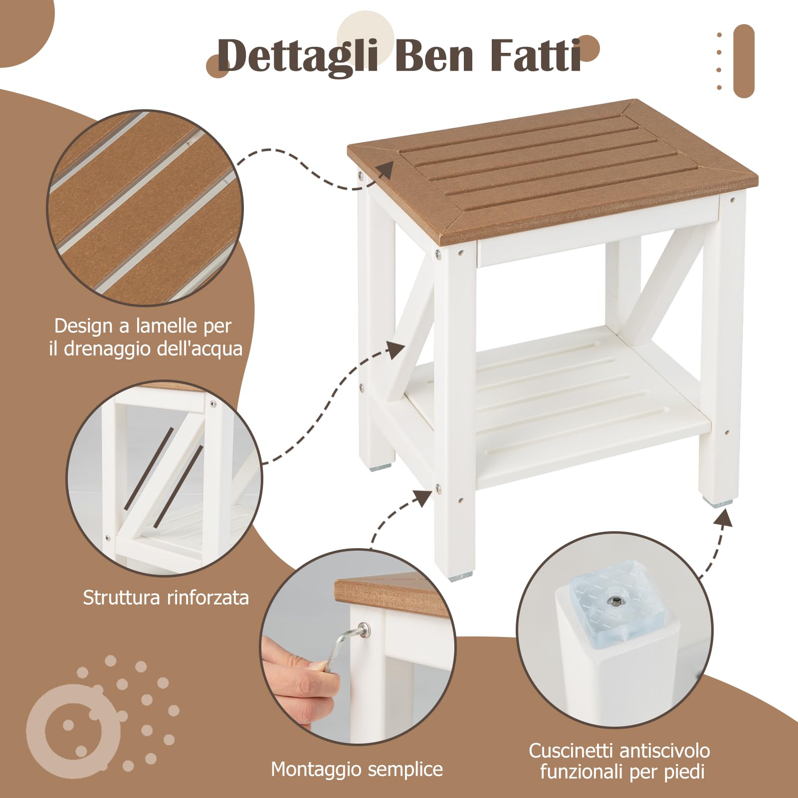 RELAX4LIFE Taburete de baño con estante de almacenamiento, Banquetas Asiento de ducha de HDPE, banco de ducha de hasta 150 kg para adultos y ancianos (42,5 x 32 x 46 cm, marrón)