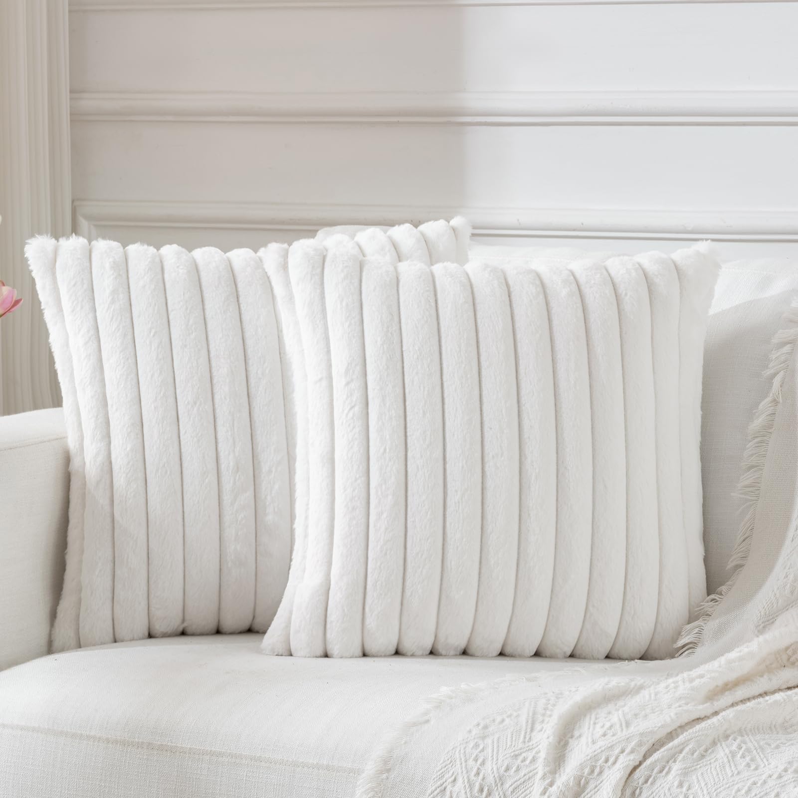 BBiggood Cream White Throw Pillow Covers 18x18 Set of 2, Velvet Striped Decor Cushion Covers with Back Faux Rabbit Fur Pillow Covers, Home Decor