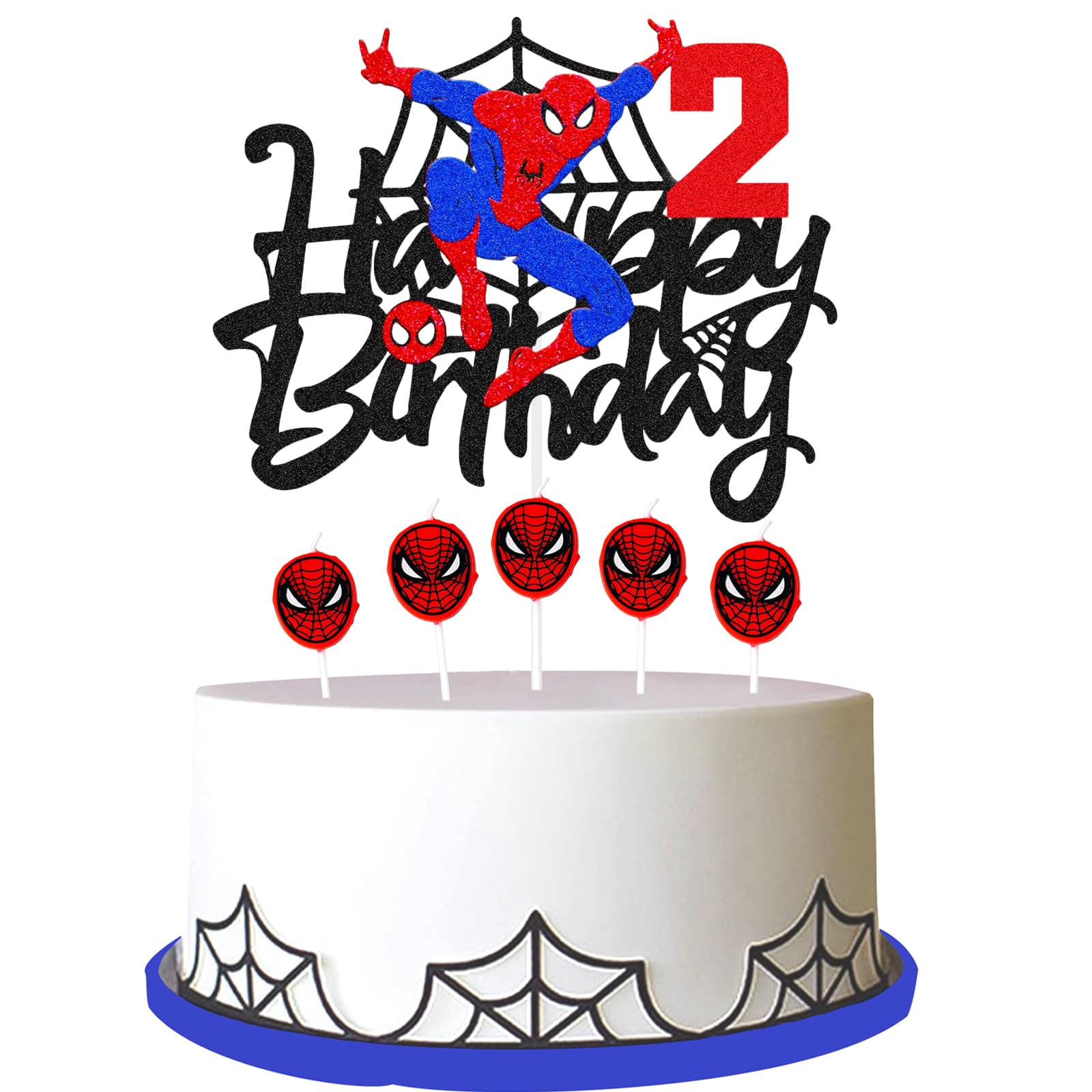 Decoración para tarta de cumpleaños número 2 con velas rojas de araña, decoración de pastel de superhéroe para bebés, niños, decoración de pastel de araña de segundo cumpleaños