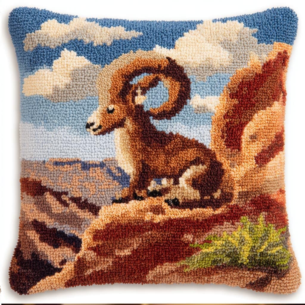 Taxpy DIY Latch Hook Pillow Kit Pre-Printed Hook and Latch Rug Kits Ibex 17X17 Inch.Cross-Stitch Embroidery Cushion Cover for Home Sofa Decoration