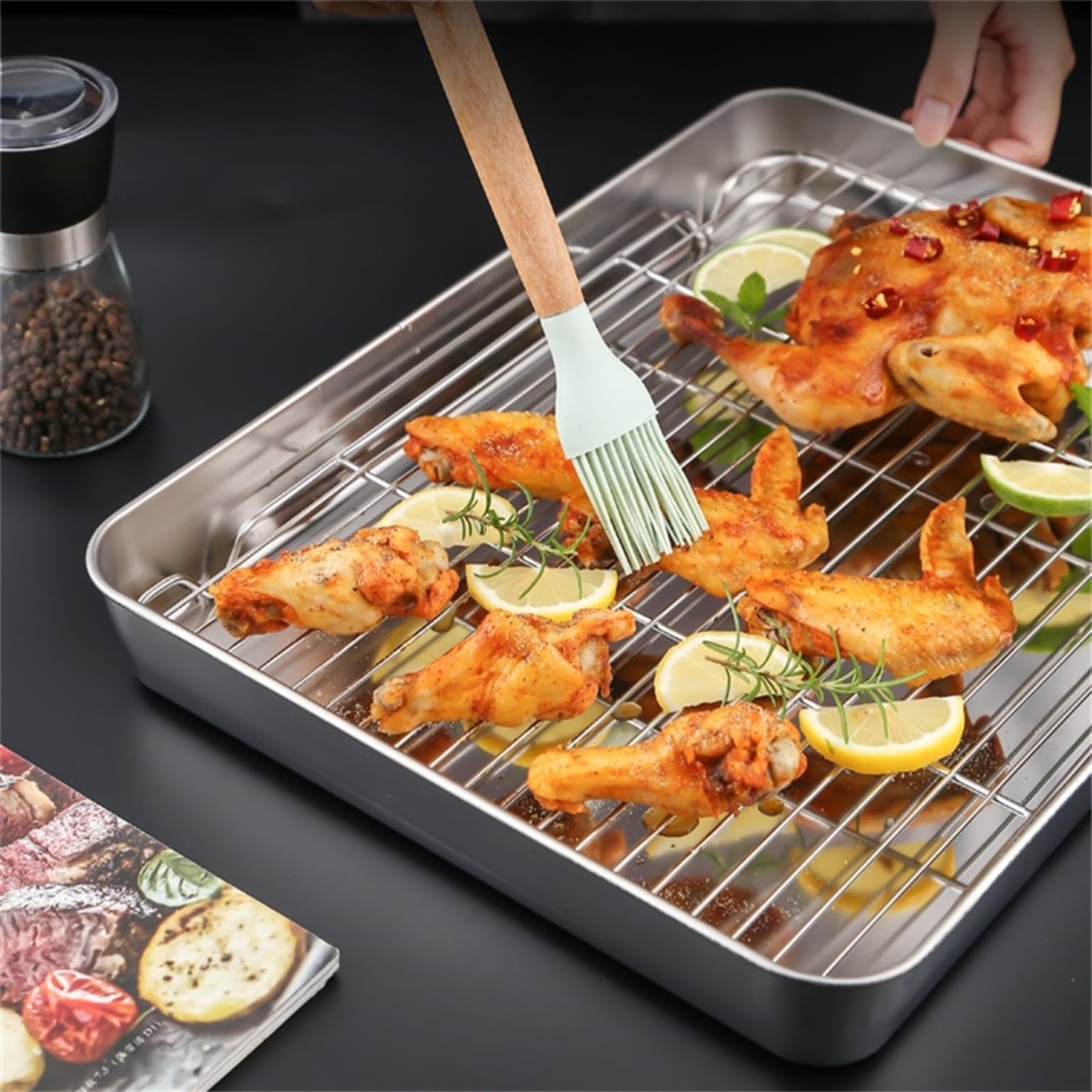Bandeja rectangular de acero inoxidable para hornear galletas con estante de refrigeración extraíble, bandeja antiadherente apta para horno (40 x 30 x 5 cm)
