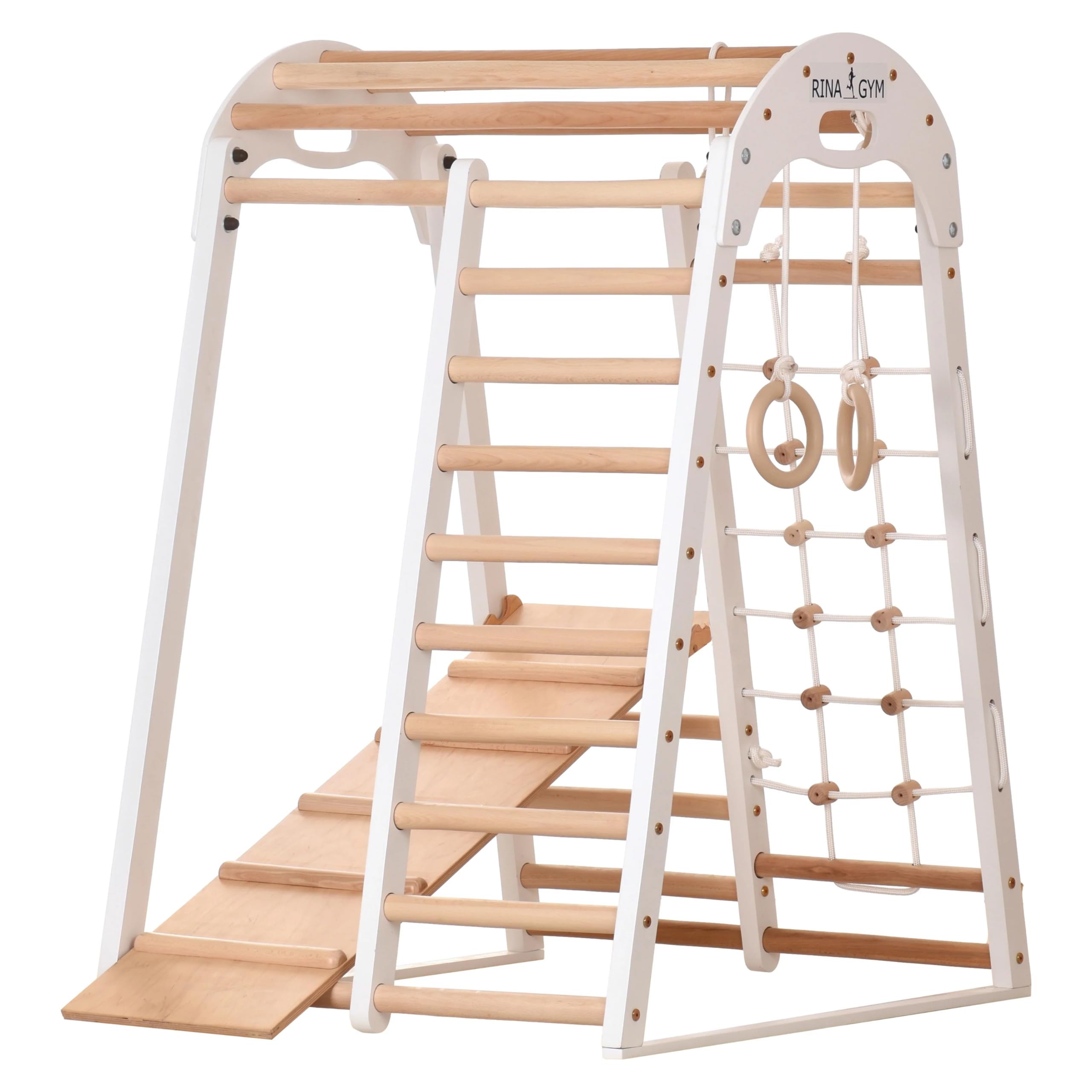 Kompaktes Indoor-Klettergerüst für Kinder & Erwachsene – Sprossenwand, Netz & Ringe – Heimtraining (EN 913) (kid2 Weiß)