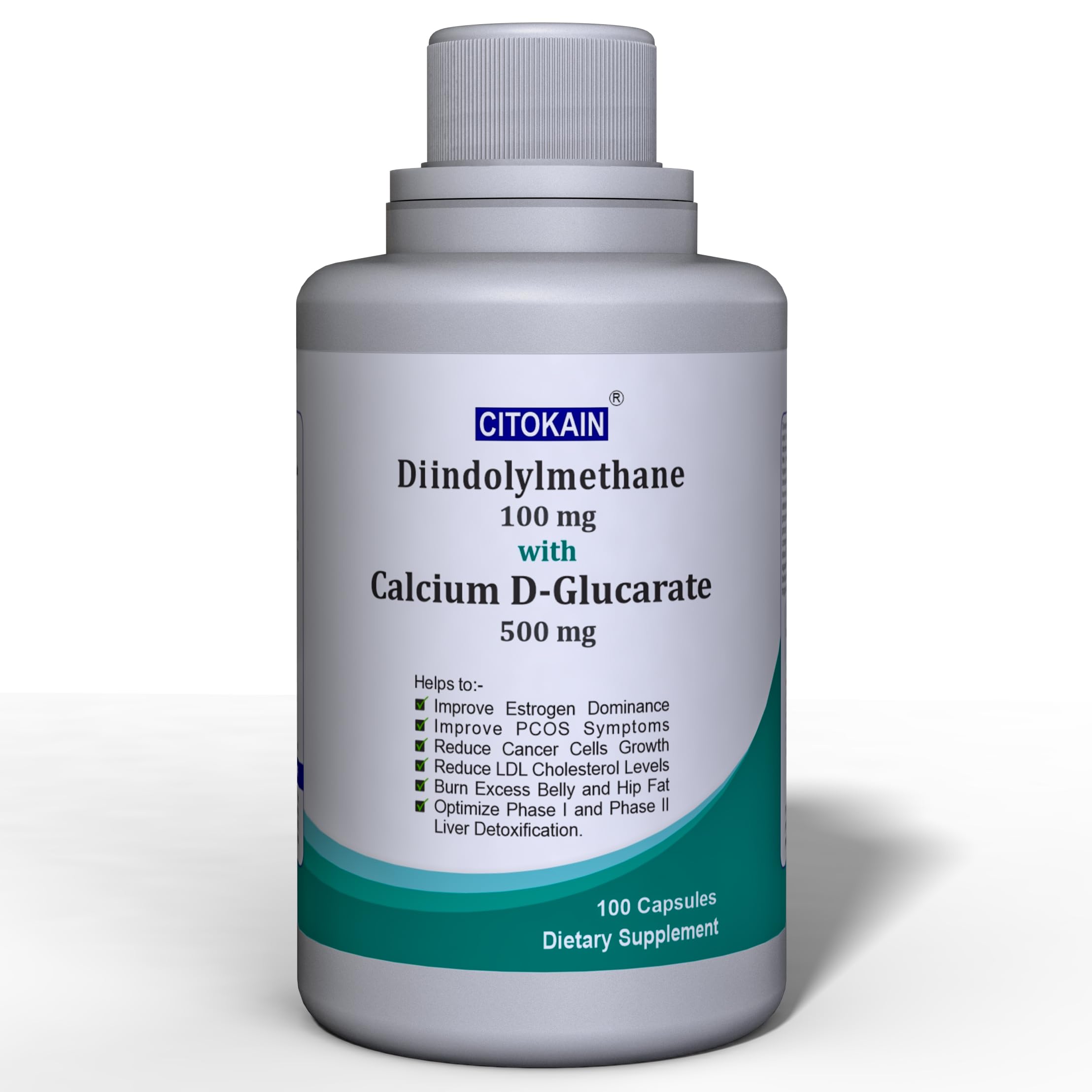 Diindolylmethane (DIM) 100 mg with Calcium D-Glucarate (Calcium D-Saccharate) 500 mg | Estrogen Metabolism, PCOS, Phase I and Phase II Detoxification | 100 Capsules