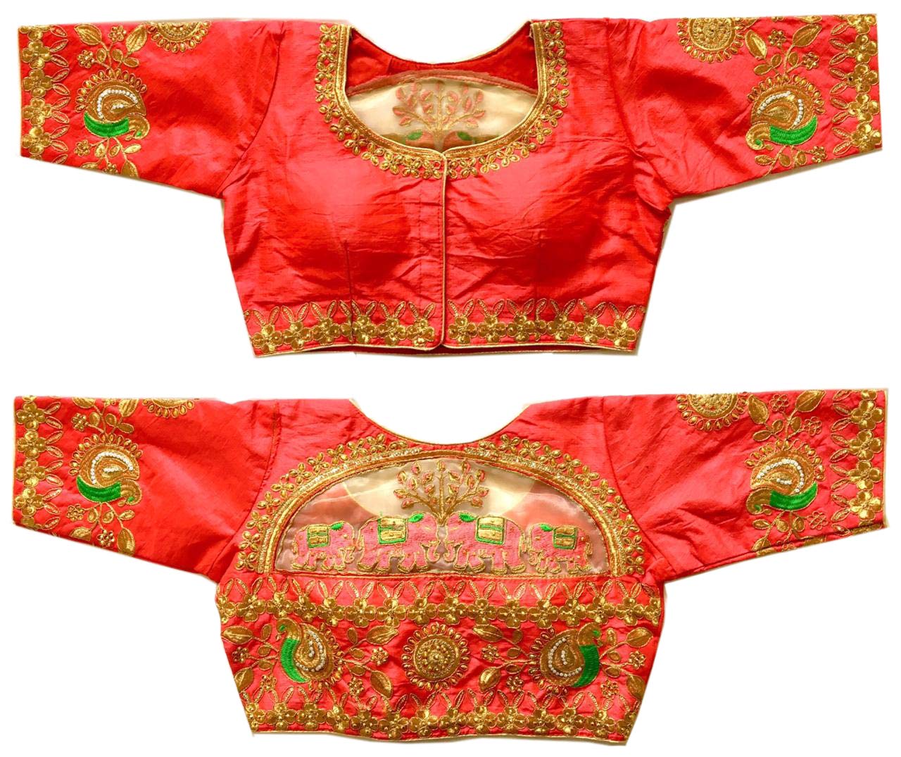 Pujia Mills Women's Malbari Phantom Silk Half Sleeve Blouse (Handwork Blouse_Gajri_42)