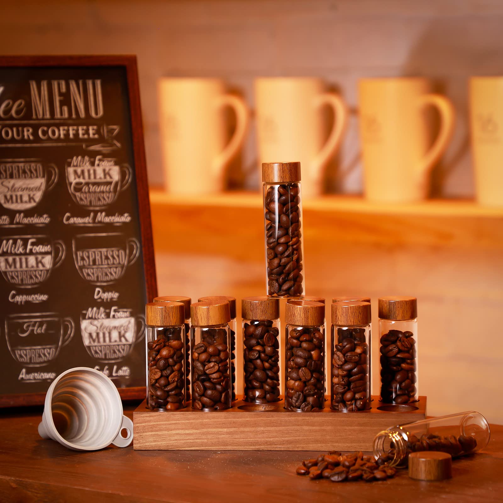 Hsei 12 Pieces Single Dose Coffee Bean Storage Tubes Jar 2 oz Borosilicate Glass Coffee Bean Container Cellar Sealed Airtight Coffee Canisters for Countertop with Wooden Holder Stand and Funnel