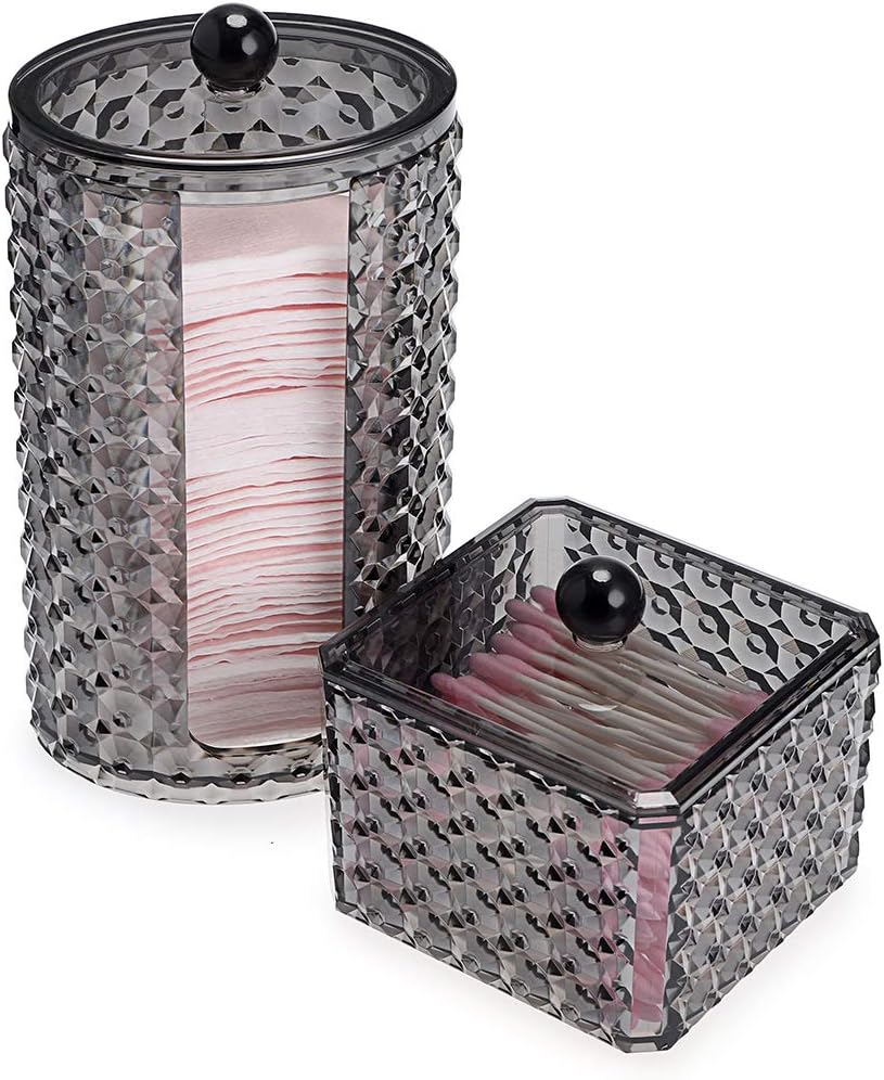 Hipiwe 2 Packs Q-Tips Cotton Round Holder - Acrylic Cotton Swab Canister Jar Cotton Balls Dispenser with Lid, Bathroom Vanity Countertop Storage Organizer for Makeup Sponges,Black