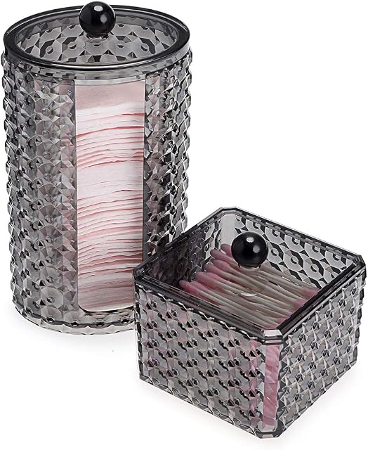 Hipiwe 2 Packs Q-Tips Cotton Round Holder - Acrylic Cotton Swab Canister Jar Cotton Balls Dispenser with Lid, Bathroom Vanity Countertop Storage Organizer for Makeup Sponges,Black