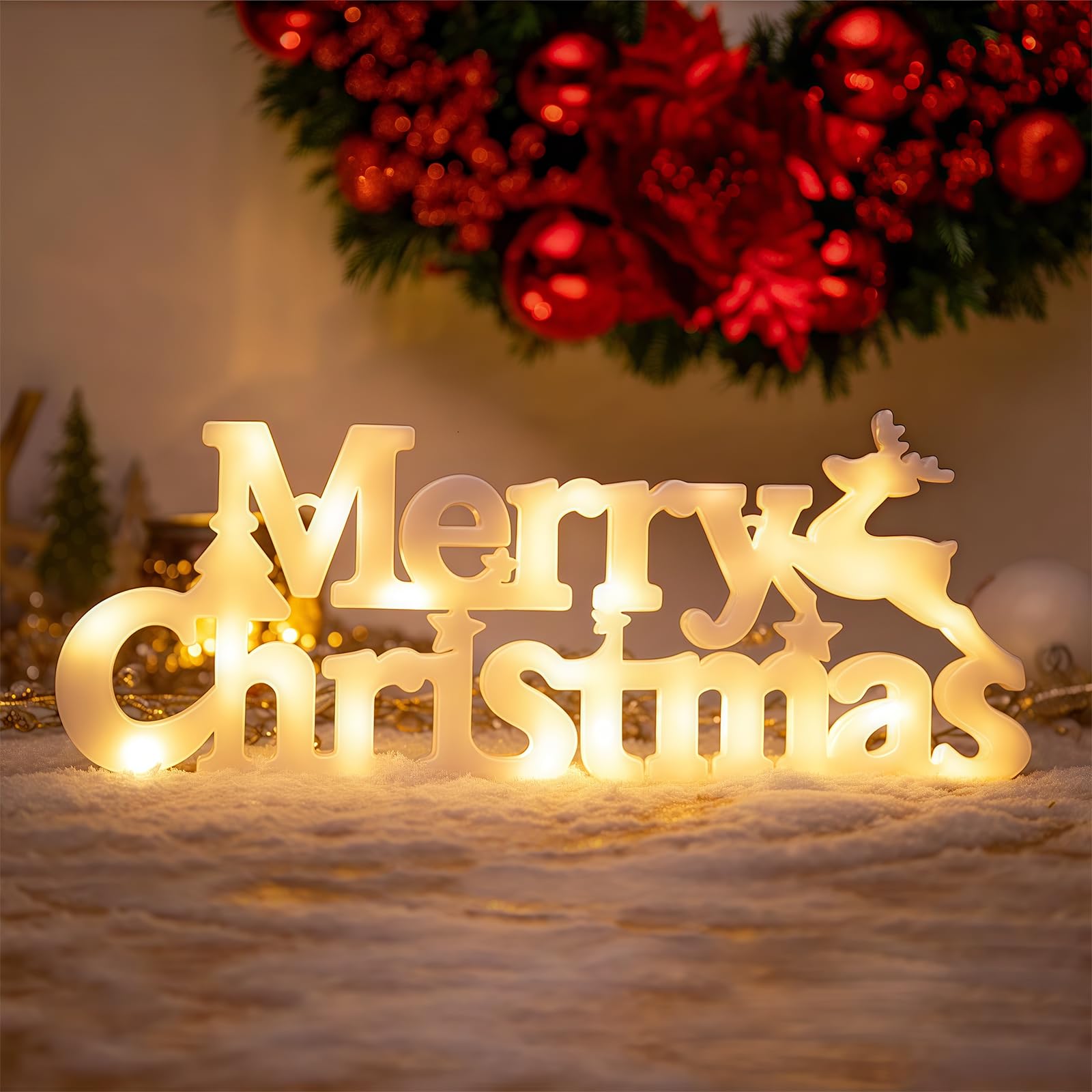 Merry Christmas Sign Light Up Christmas Decorations for Wreath LED Hanging Window Decorative Light Glowing Letter Sign for Xmas Tree Wall Door Fireplace Indoor Outdoor