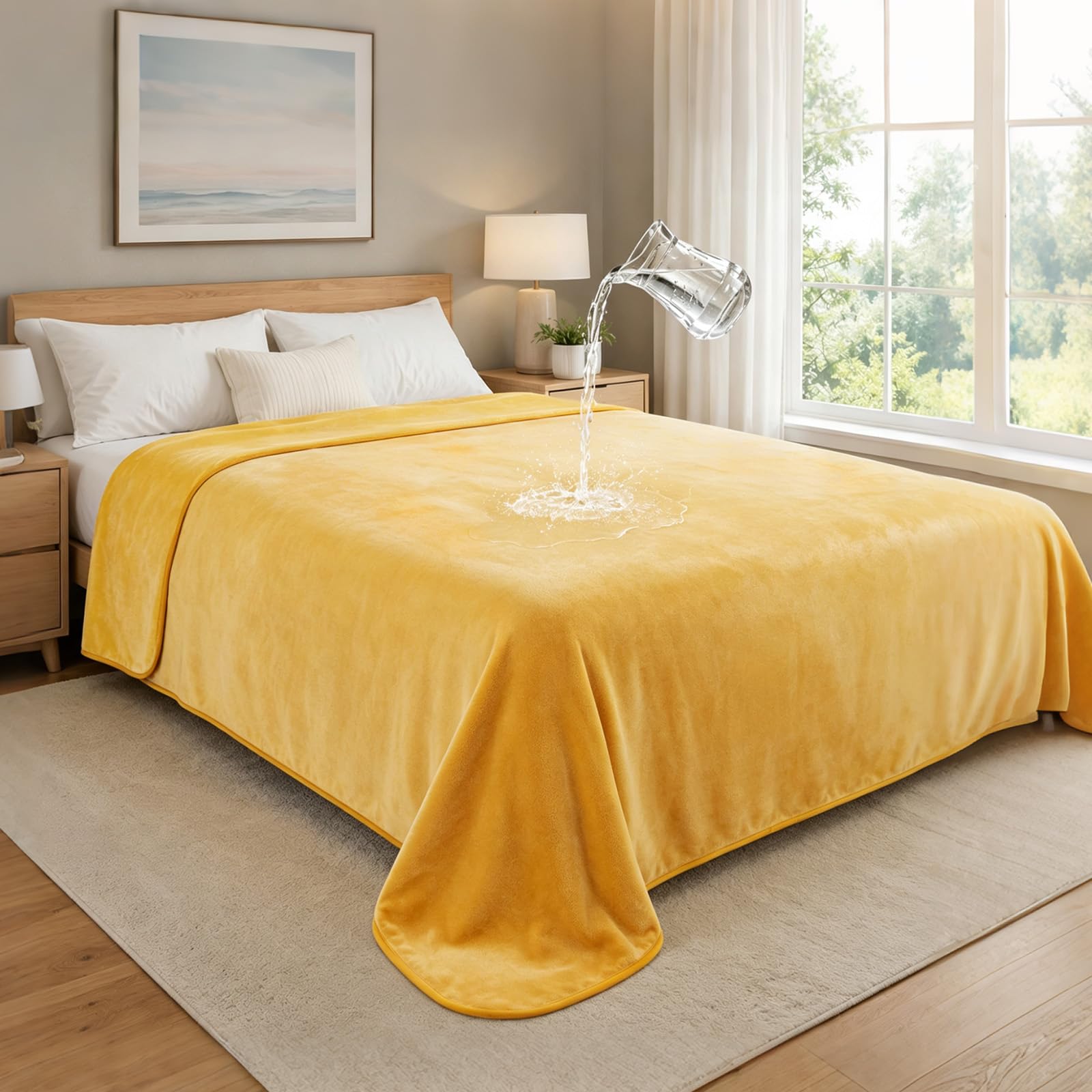 LOOBANI Waterproof Blanket for Bed, Flannel Twin Size 60"x80", Yellow