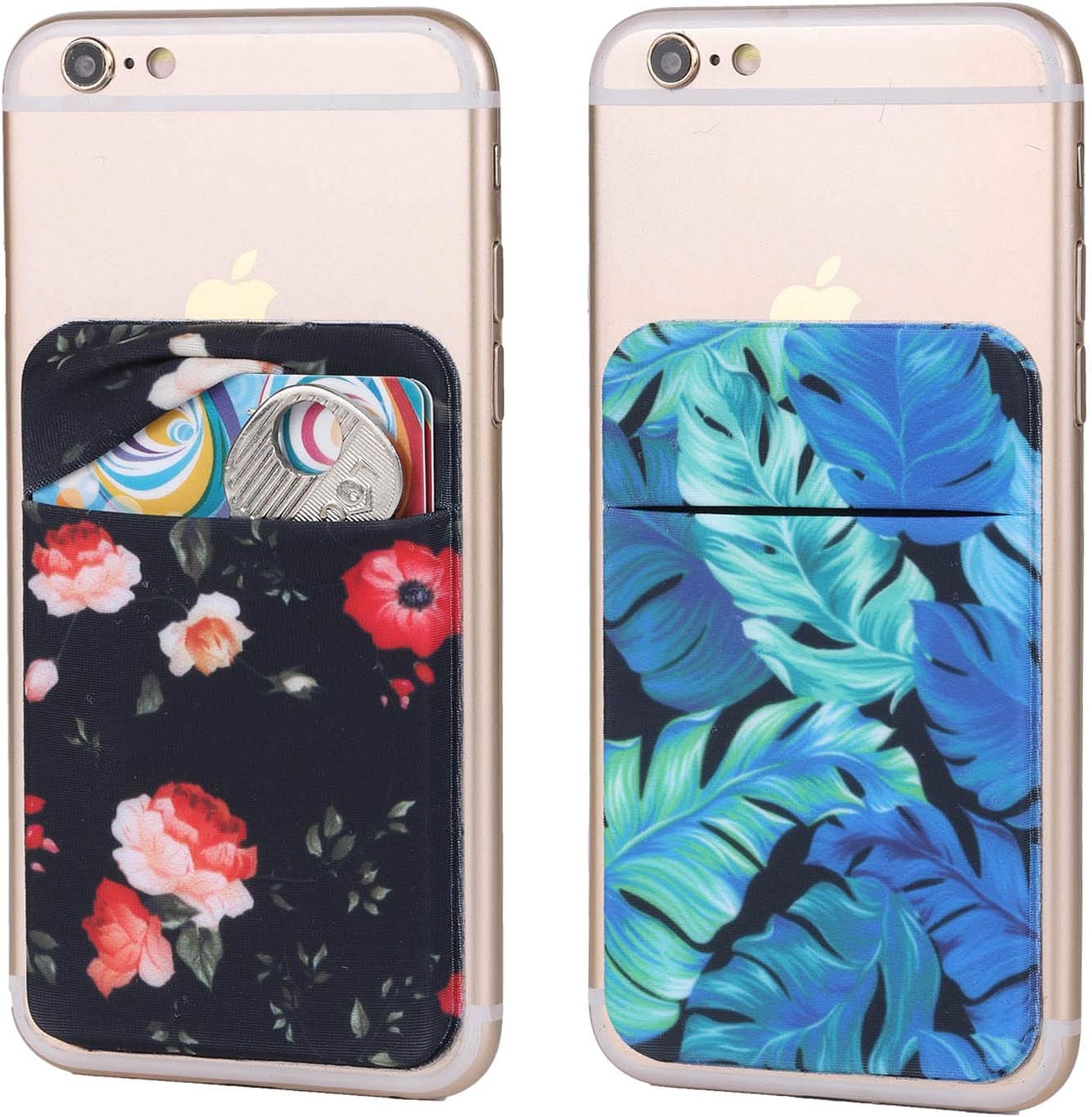 2Pack Adhesive Phone Pocket,Cell Phone Stick On Card Wallet Sleeve,Credit Cards/ID Card Holder(Double Secure) with Sticker for Back of iPhone,Android and All Smartphones (Rose Floral&Palm Leave)