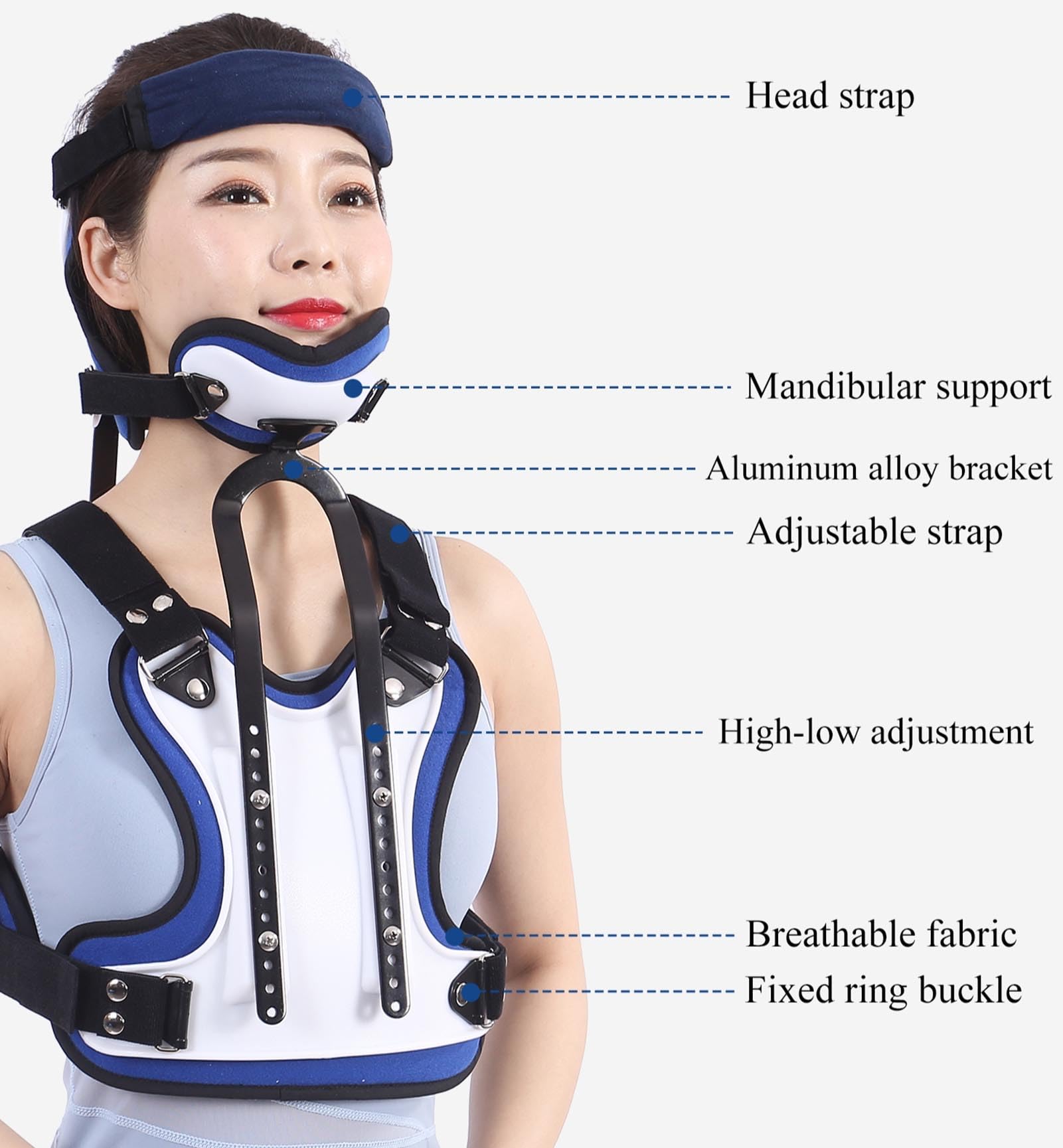 Ortesis cervical torácica, cabeza, cuello, hombros y pecho con ajuste de altura y firmeza, soporte lumbar en U, para fijación de fracturas y rehabilitación de vértebras cervicales