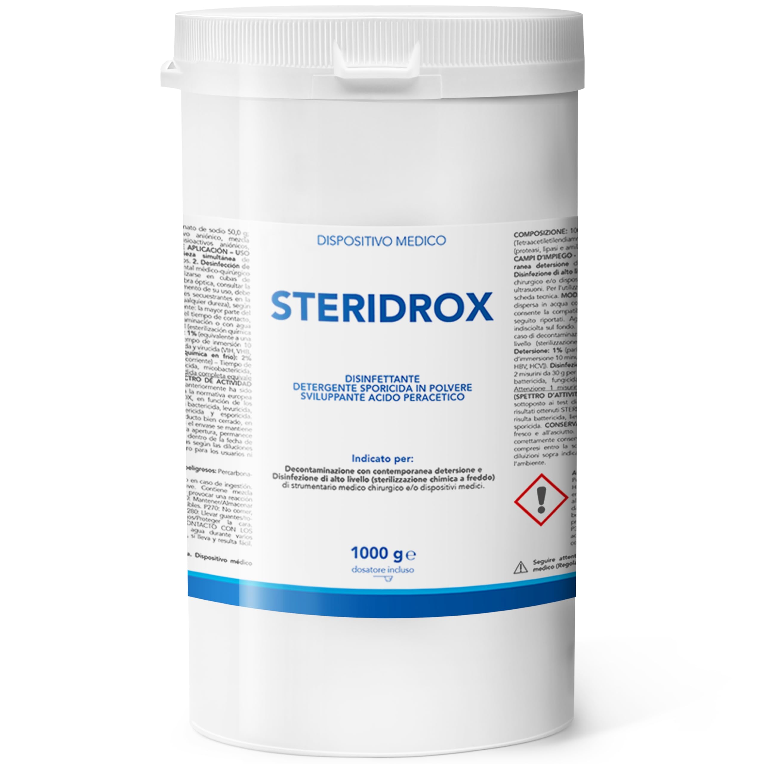 AIESI® Stérilisant à froid en poudre (1 kg) pour instruments chirurgicaux, instruments d'esthétique, dispositifs médicaux, acide peracétique STERIDROX, Détergent, Décontaminant, Made in Italy