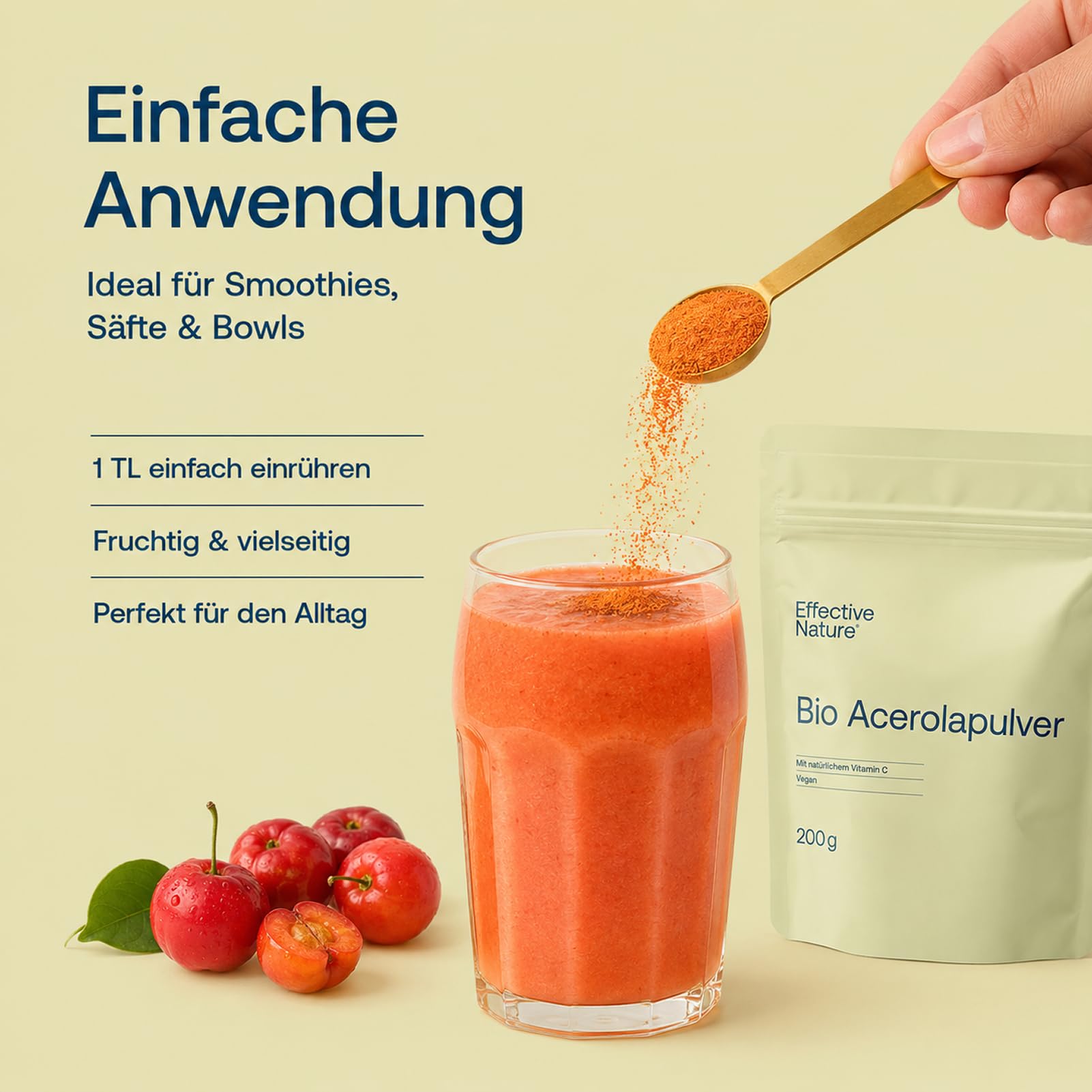 Effective Nature - Bio Acerola Pulver - Vitamin C aus der Acerolakirsche - Hochdosiert & ohne Zusätze - Natürliches Vitamin C Pulver schonend getrocknet - vegan