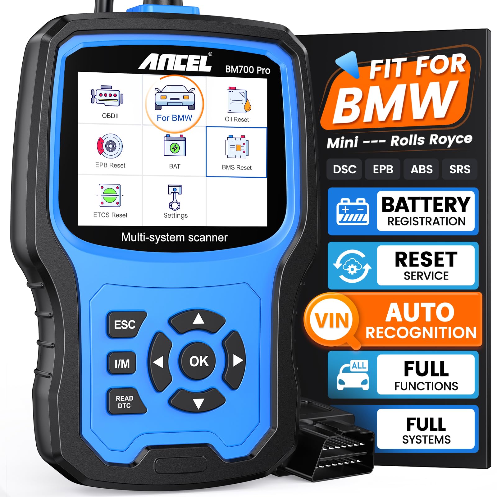 ANCEL BM700 PRO Full System OBD2 Diagnostic Scan Tool fits for BMW Mini, Car Engine Code Reader Scanner, Battery Registration Tool, CBS SRS EPB SAS BMS EGS DPF Airbag Reset, Injector Coding, Oil ResetGlobal Recycled StandardGlobal Recycled StandardGlobal Recycled Standard