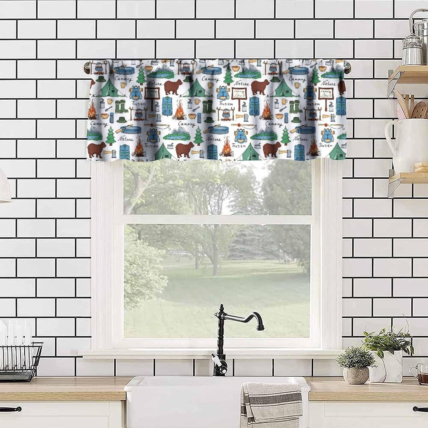 Camper Kitchen Curtain Valance, Retro Rustic Wood Travel Trailer Camping Print Theme Window Drapes Valance, for Bedroom Living Room Cafe Bathroom 1 Panels W54xL18in image 5
