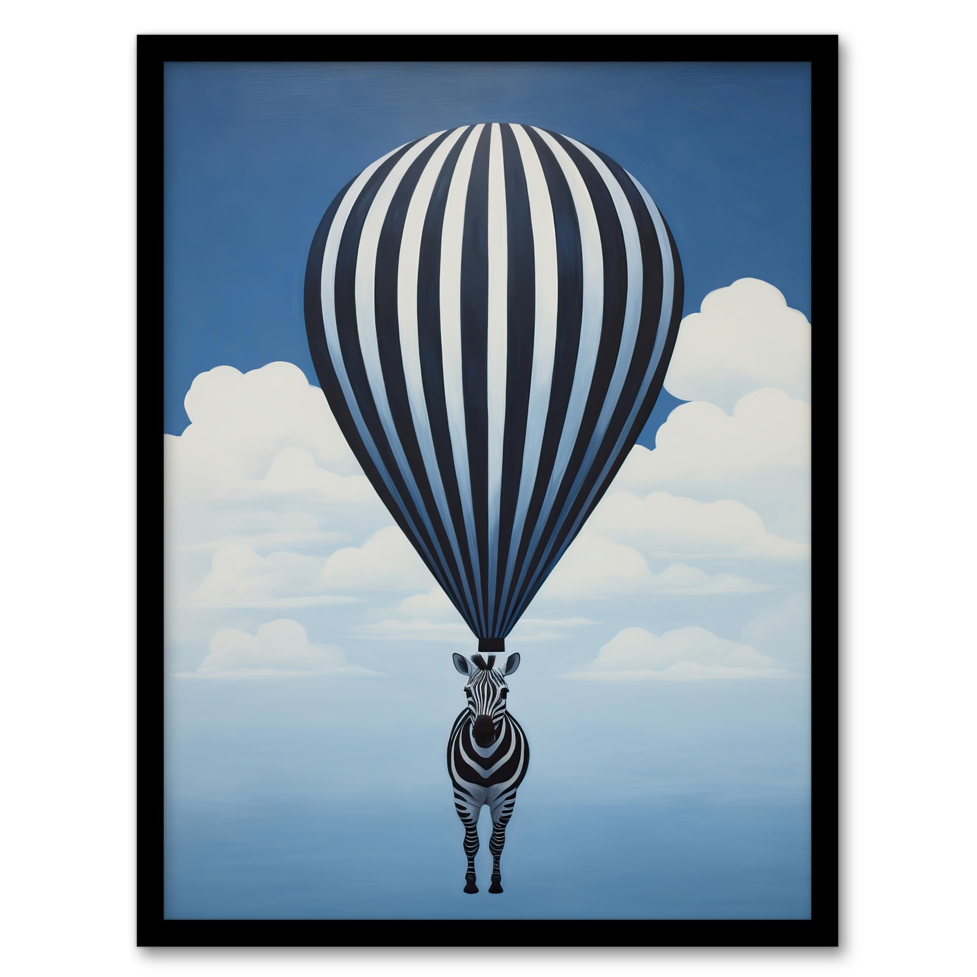 Wee Blue Coo Surreal And Stripes Zebra Balloon Adventures Over the Clouds Blue Black White Oil Painting Artwork Framed Wall Art Print A4