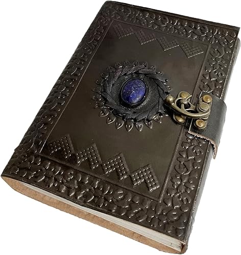 AzureGreen Diario de cuero en relieve con piedra azul, 120 páginas, sin forro, con cierre, 7 x 5 pulgadas