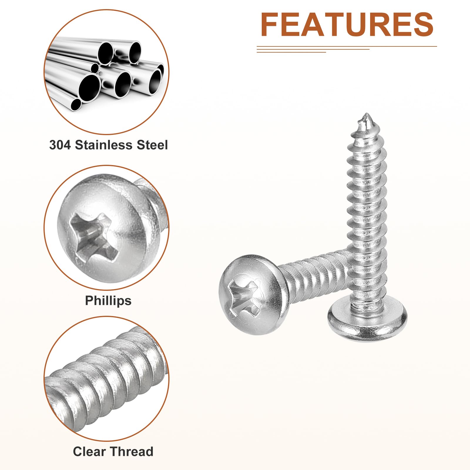 DTGN #10x1" Phillips Pan Head Self-tapping Screw - 60Pack - Bright Finish 304 Stainless Steel Sheet Metal Screws Wood Screws - Image 4