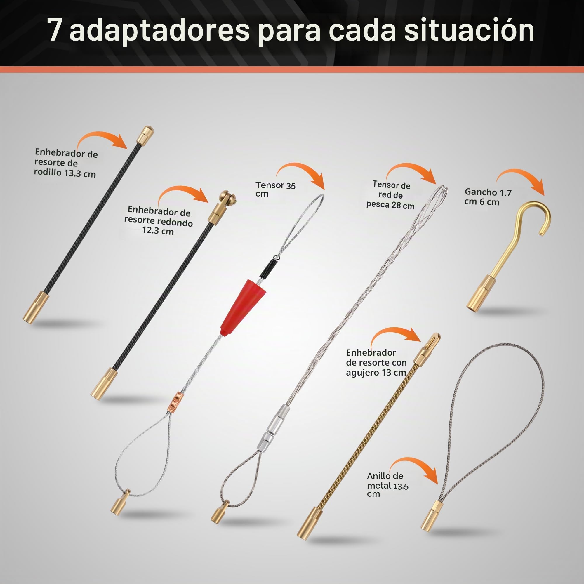 Guia pasacables de 50 m, guía pasacables profesional de 4,5 mm, guia para cables con rosca M5 para cables eléctricos, guia pasa cables retráctil con carcasa y 7 muelles guía