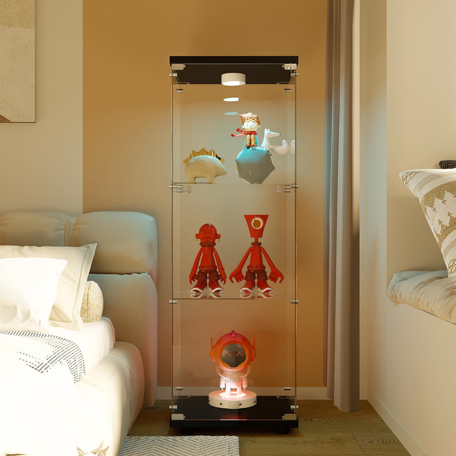 Vitrina de Cristal,3 Pisos Vitrina de Exposición con Luz LED,Vitrina Expositora para Colecciones,1 Porte et Serrure,Gabinetes de Vidrio para Salón,Dormitorio,Pasillo,42×36×125cm, Negro