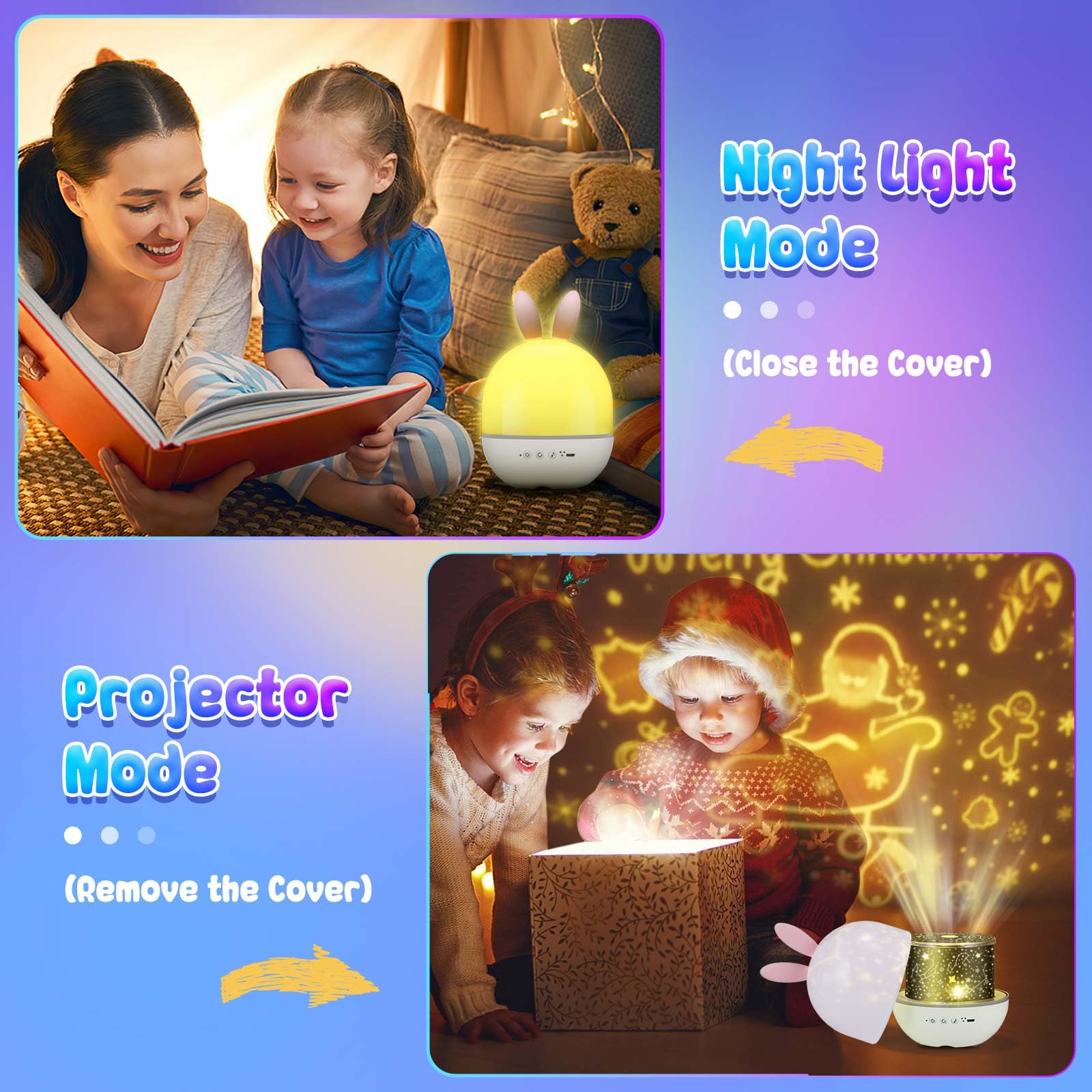 ALLOMN Proyector de Luz Nocturna para Niños, Regulable Bluetooth Proyector de Estrella con 6 Películas, 360 ° Rotación Caja de Música LED para Bebé, Proyector con Control Remoto para Bebé Niña Niño