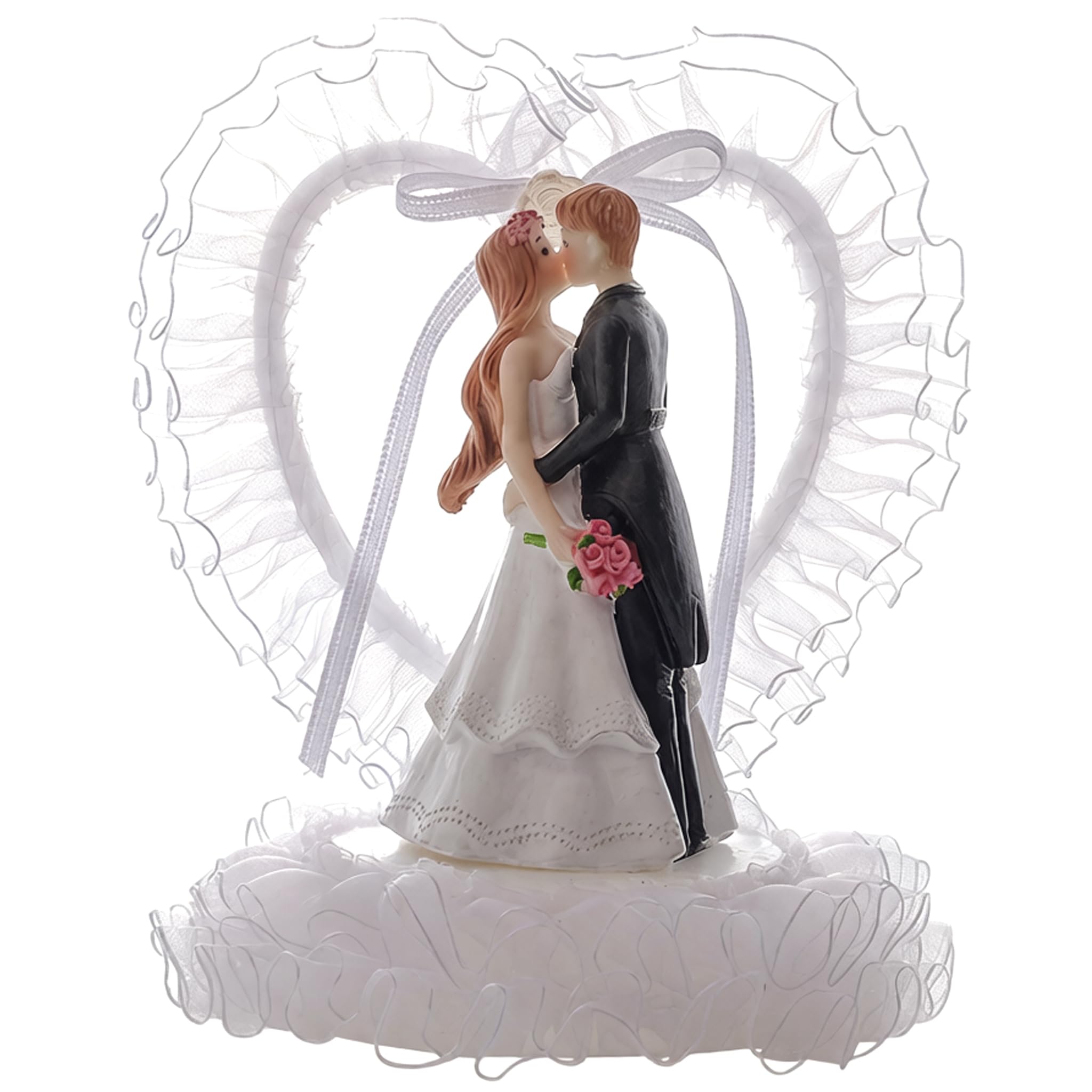 Xdyyjrasa Bride and Groom Cake Topper Resin – Exquisitely Sculpted Wedding Cake Toppers with Lace Ribbon Heart