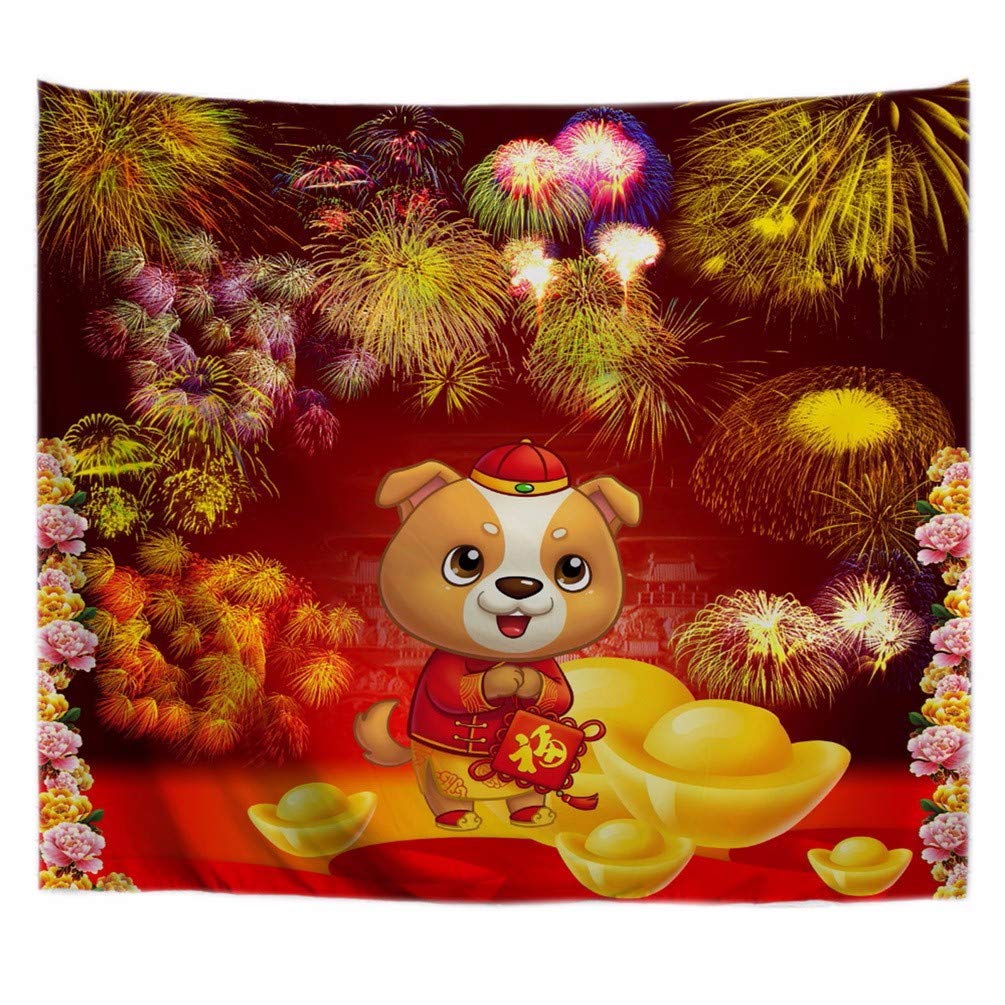 A.Monamour Chinese Spring Festival Year Of The Dog Fireworks In The Sky Holiday Greetings Cards Print Fabric Wall Arts Mural Tapestry Wall Hangings Season Decors For Bedroom Living Room Dorms