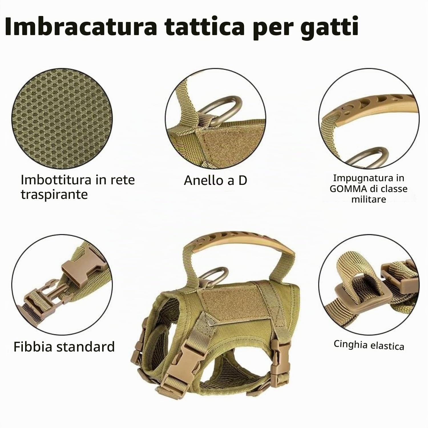 Set di pettorina tattica per gatti e guinzaglio, a prova di fuga, regolabile, con toppe, morbida imbottitura in rete, manico in gomma, facile da controllare (imbracatura e guinzaglio kaki)