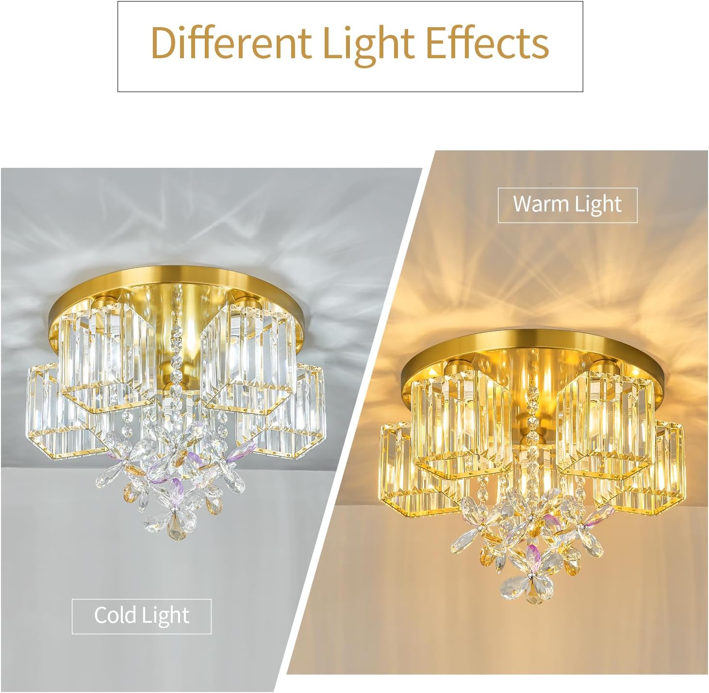 5 Light Gold Crystal Ceiling Light Flush Mount Ceiling Light Crystal Close to Ceiling Light Fixtures for Living Room Bedroom Kitchen Hallway
