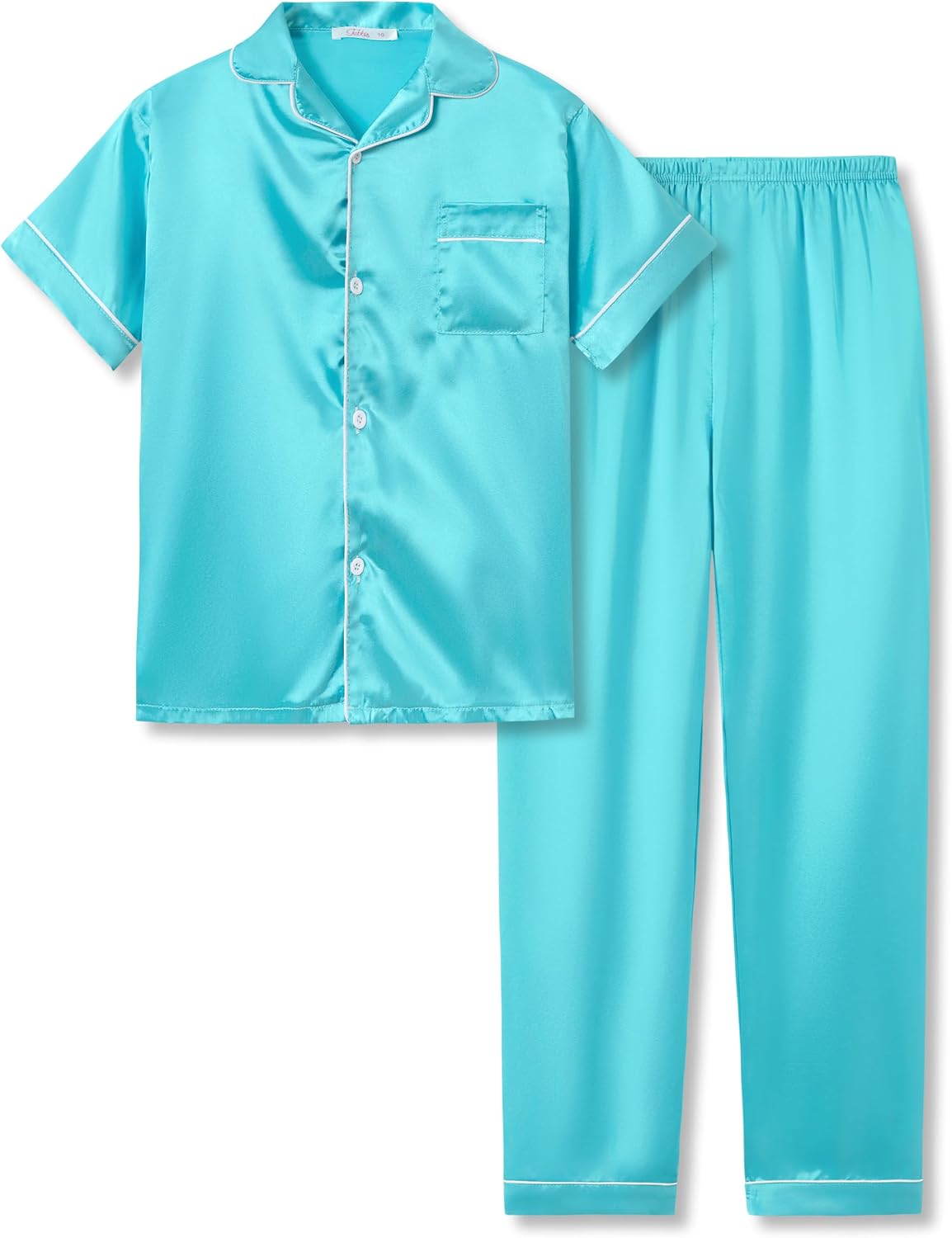Tebbis Satin Pajamas for Girls - Neon Pink Cute Silky Short Sleeves & Pants Sleepwear PJ Set Size 6/7-16