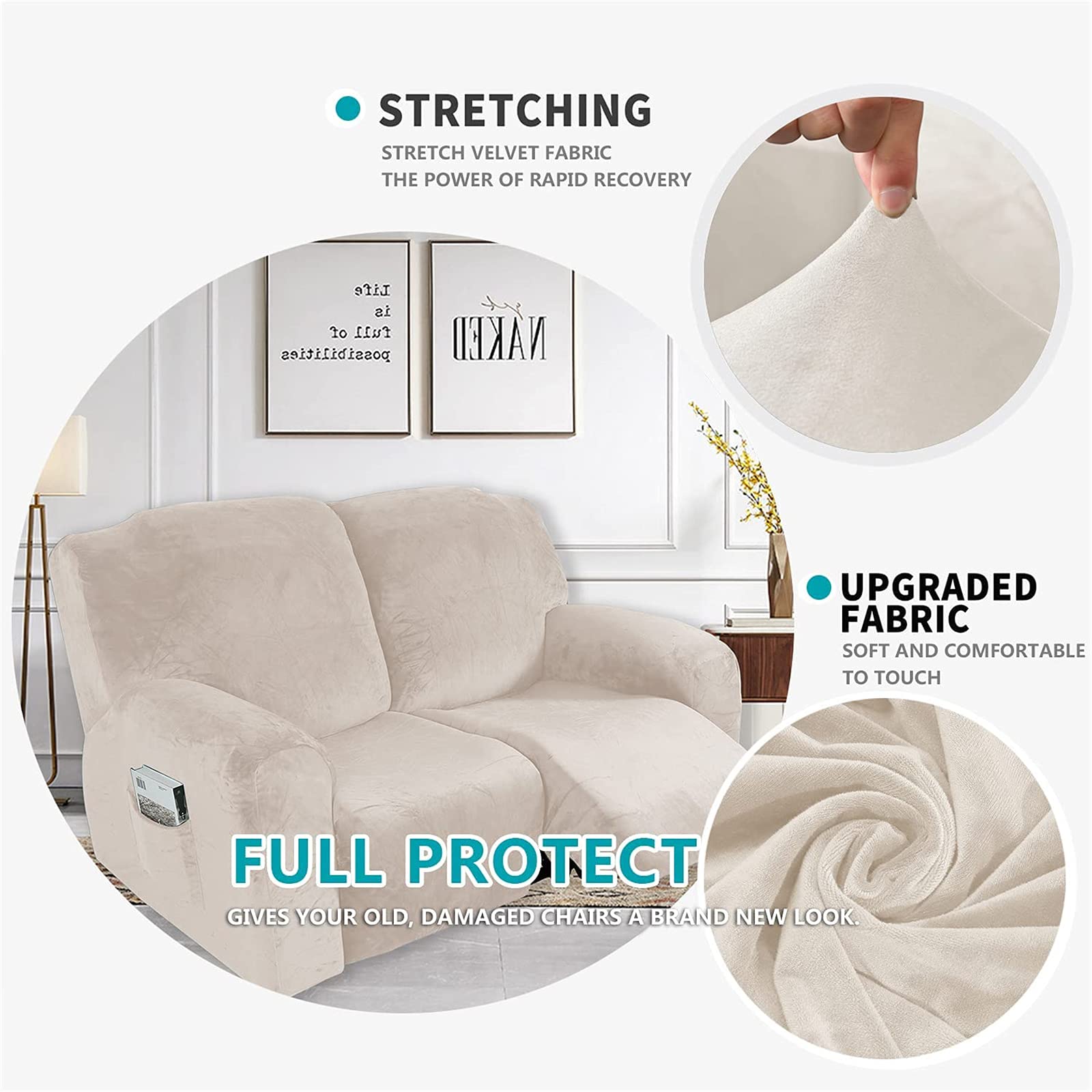 Velours Housse De Fauteuil Relax Extensible, 6 Pièces Doux Housse De Chaise Inclinable Avec Poche Latérale