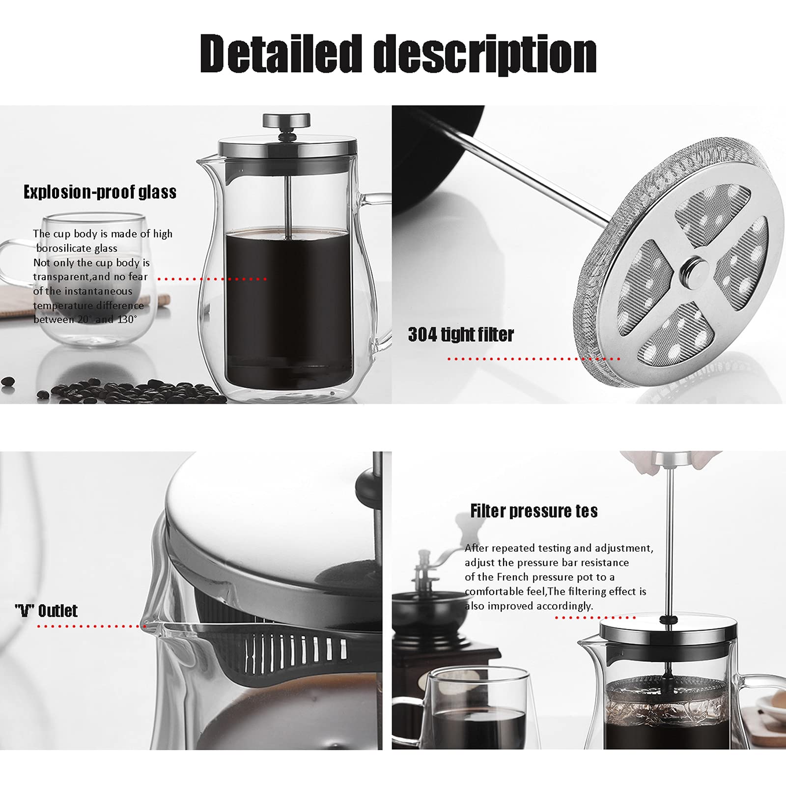 French Press zaparzacz do kawy dzbanek do herbaty podwójna ścianka szkło borokrzemowe 304 system filtracji ze stali nierdzewnej przezroczysta prasa do kawy, bursztyn, 600 ml