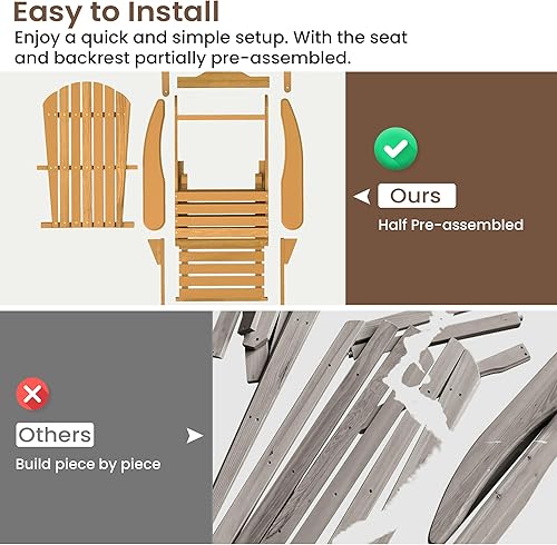 Miniatura 7 de Silla Adirondack plegable de gran tamaño con otomana retráctil, silla de madera maciza para exteriores, patio, jardín, porche, resistente a la