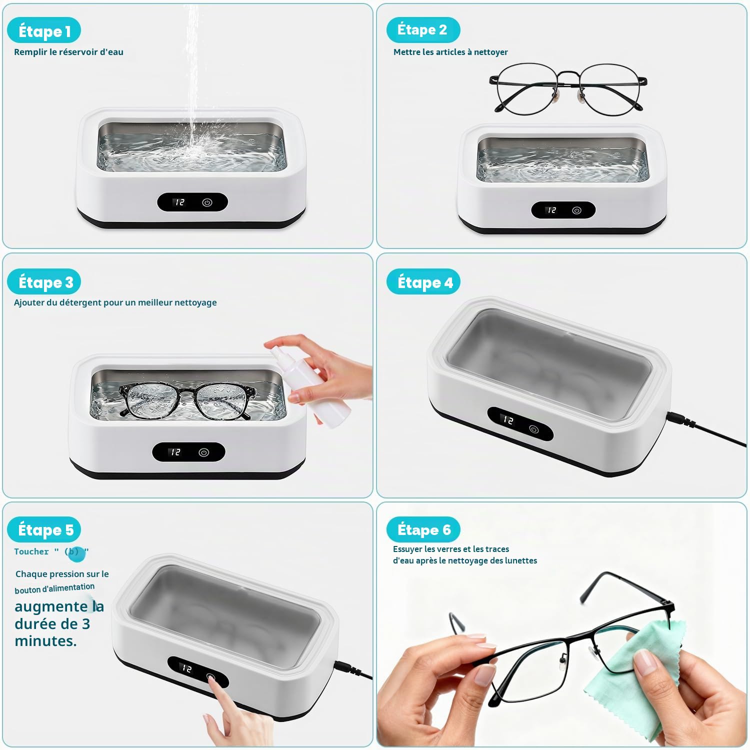 Nettoyeur Ultrasons Lunettes 650ML, 48KHz Nettoyeur Bijoux à Ultrason, Ultrasonic Cleaner avec 5 Minuteries Numériques, pour Bijoux, Dentier, Montres, Lunettes, Tête de Rasoir