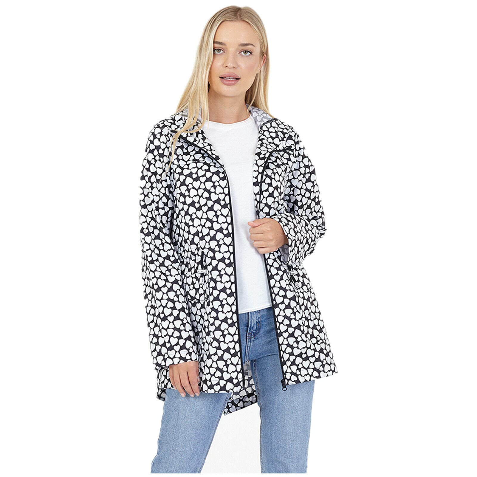 MyShoeStore Ladies Women Rain Mac Raincoat Showerproof Fishtail Cagoule Kagool Kagoul KAG Festival Parka Jacket Hooded Lightweight Shower Proof Rain Coat (Love Hearts Black/White, UK14)