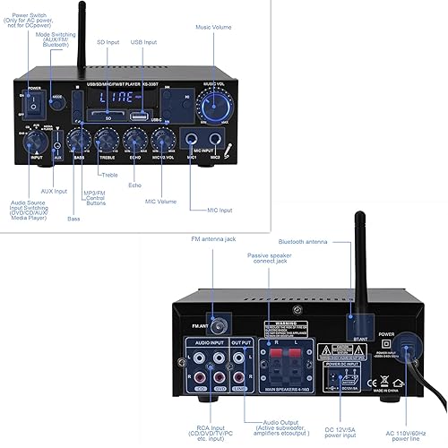 Miniatura 4 de Amplificador de audio 800W, amplificador estéreo para el hogar con 2 canales, RMS 60Wx2, Bluetooth 5.0, mini amplificador HiFi con eco, micrófono,