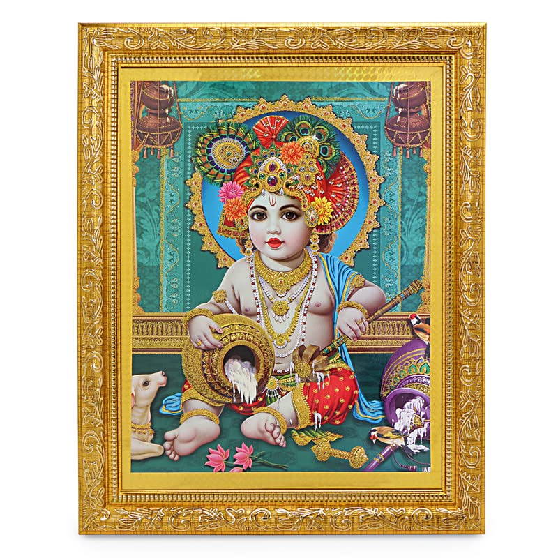 Bal Krishna Golden Zari Art Work Photo In Wall Hanging Golden Frame (11 X 13 Inches) OR (27.94 X 33.02 Cms)