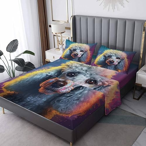 Poodle Sheets Queen Size, Dog Bed Sheets, Patterned Bedding Sheets & Pillowcases 4 Piece Set - Soft Microfiber Deep Pocket Fitted Sheet & Flat Sheet